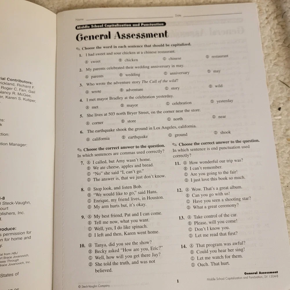 Middle School Capitalization & Punctuation Steck-Vaughn Workbook 46 Pages